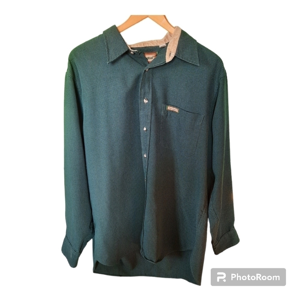 Vintage Remington dark forest green herringbone pattern button down shirt